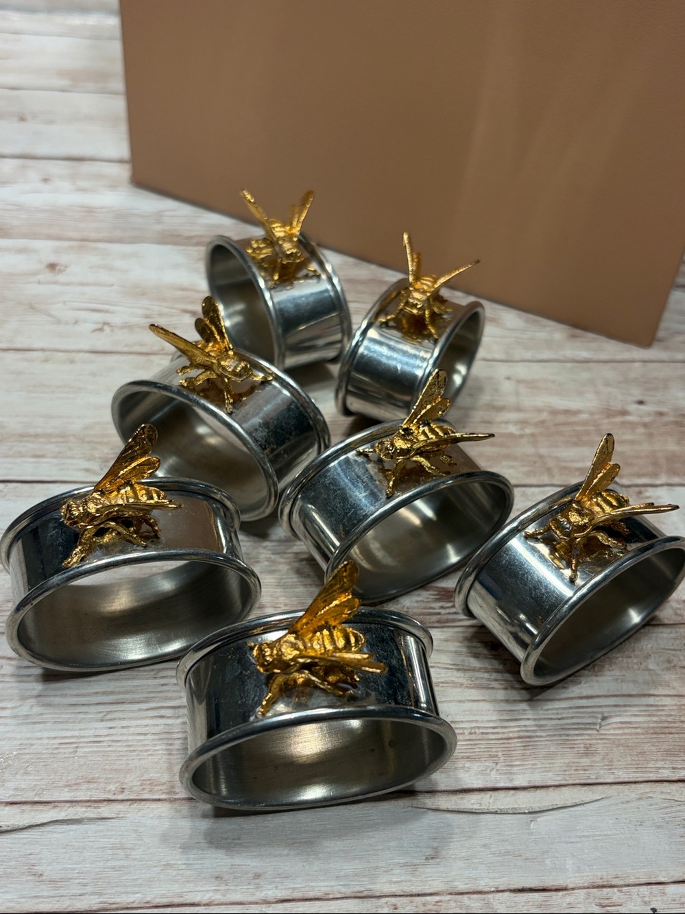 Vintage Pewter & Gold Tone Homey Bee Statement Napkin Rings Set of 8